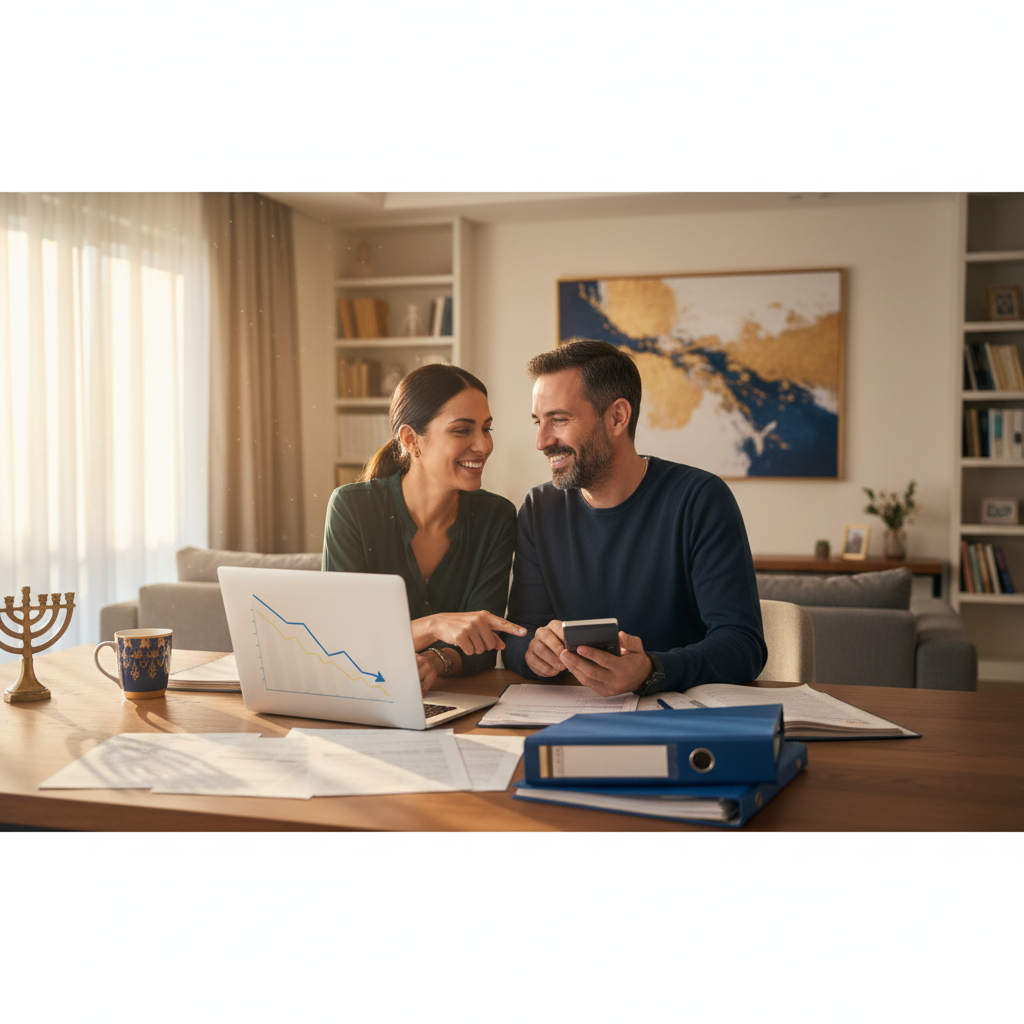 זוג ישראלי מסתכל על מסמכים פיננסיים ומחשבון, מתכננים איחוד הלוואות במטבח הביתי שלהם.