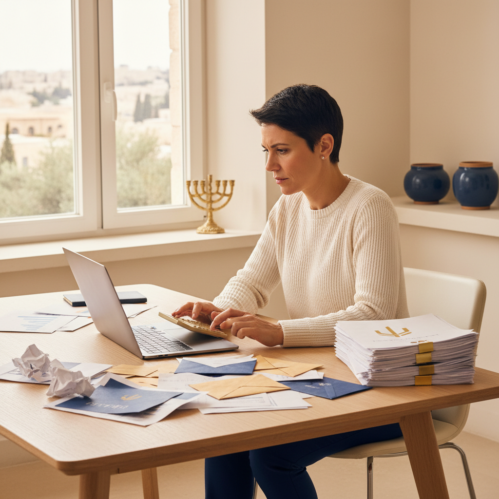 איש מחשב את החיסכון מאיחוד הלוואות מול ערימת חשבונות מסודרת
