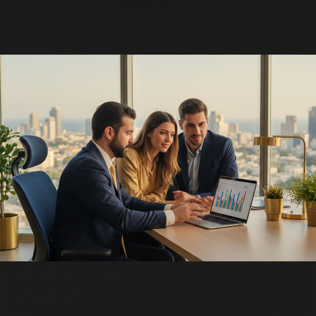 יועץ משכנתאות מסביר לזוג עצמאיים איך לקבל אישור למשכנתא במשרד מודרני