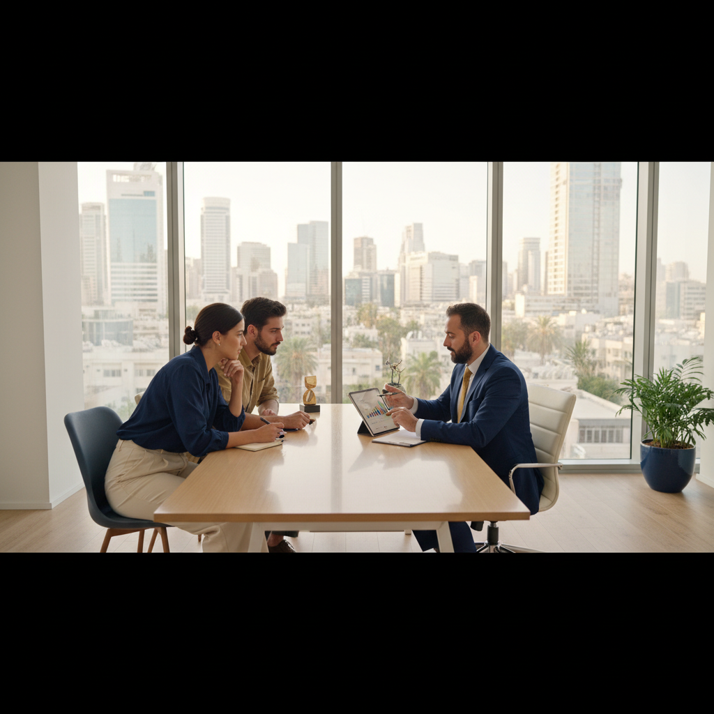 יועץ משכנתאות מסביר לזוג עצמאיים על מסמכים פיננסיים במשרד מודרני.