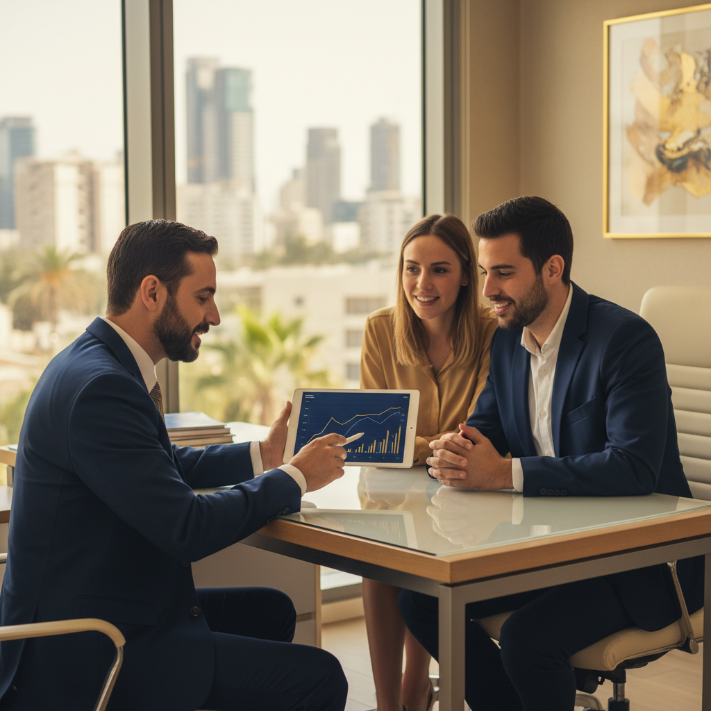 יועץ משכנתאות מקצועי מסביר לזוג צעיר על תהליך ליווי משכנתא במשרד מודרני.