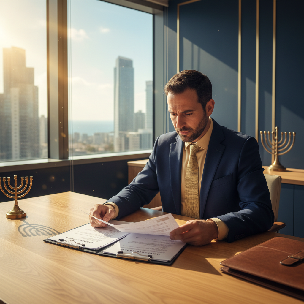 איש עסקים מודאג מסתכל על מסמכים בנקאיים במשרד מודרני, עם אור שמש שנכנס דרך החלון ומסמל תקווה.