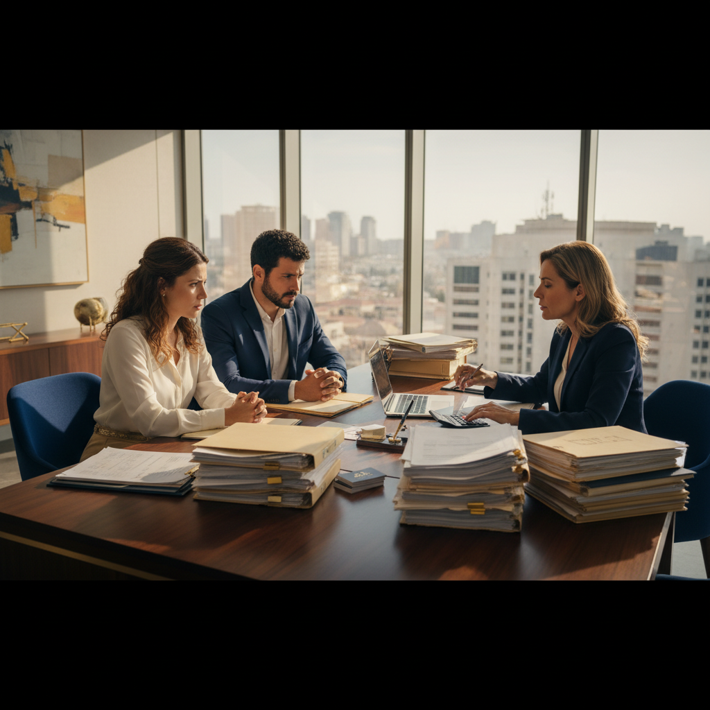 אדם מודאג יושב מול מסמכים ופקיד בנק במשרד מודרני, דן בנושא מסורבי משכנתא.